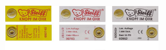 シュタイフのタグの種類を色別（白赤、黄、白黒）に示す画像