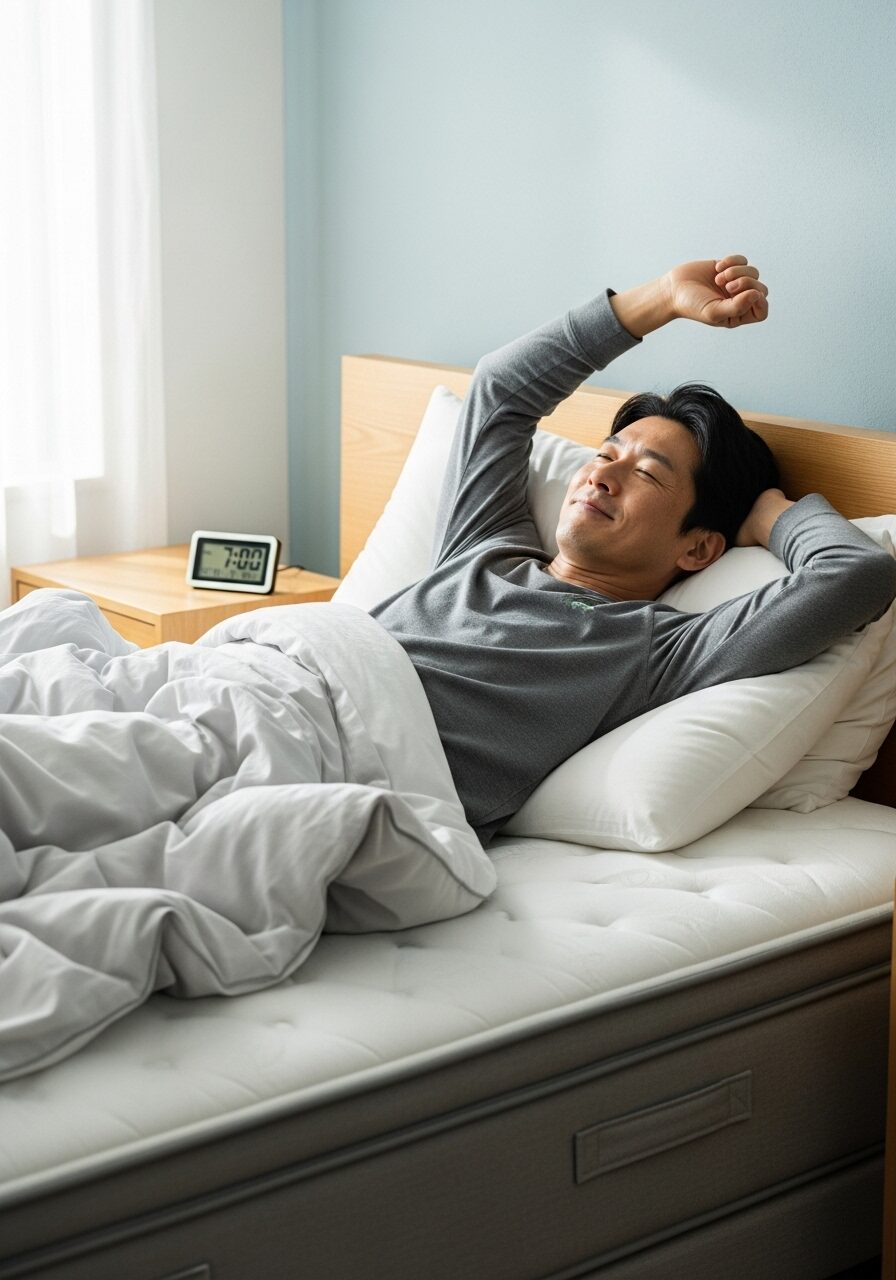 マットレスで快適な目覚めの40代男性