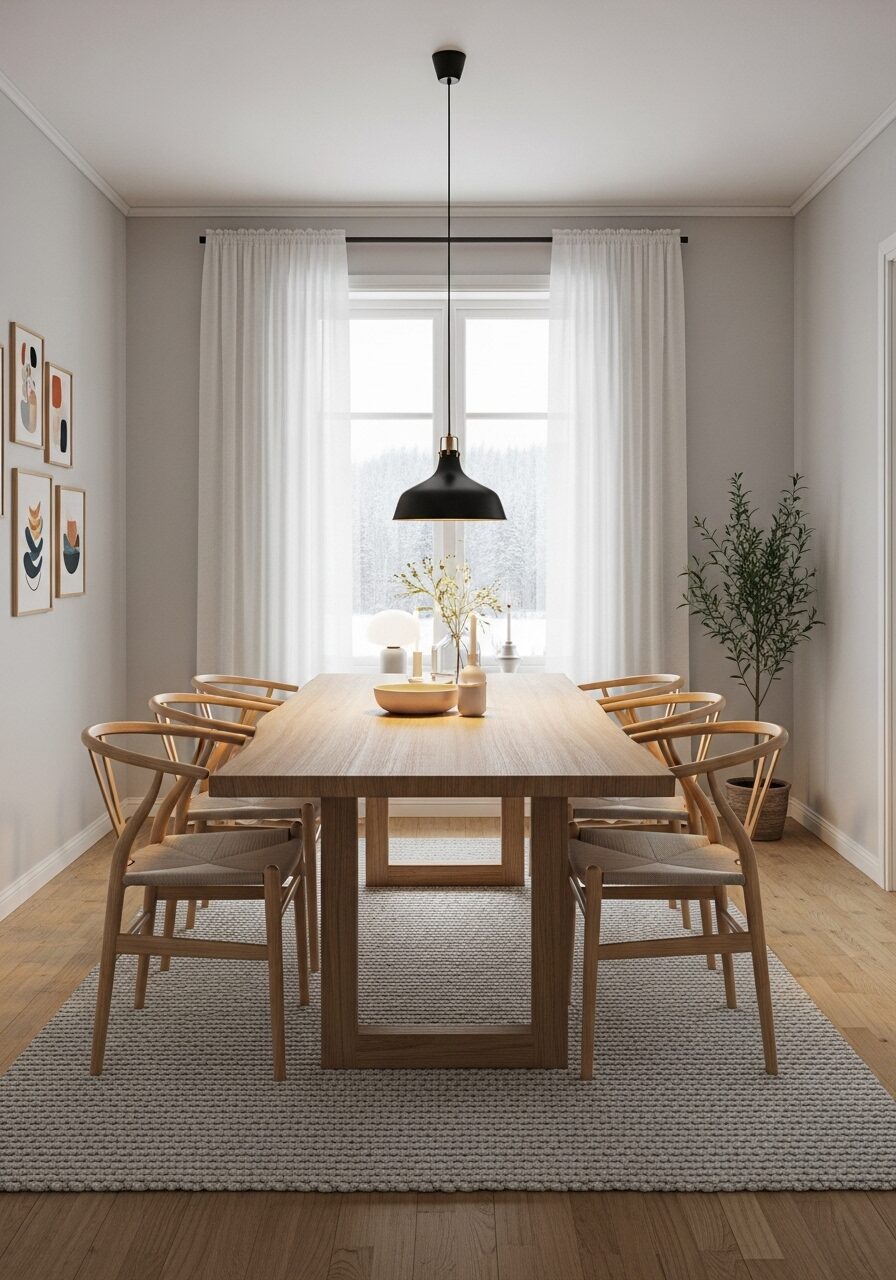 マスターウォールの家具で統一された、朝日が差し込むダイニング