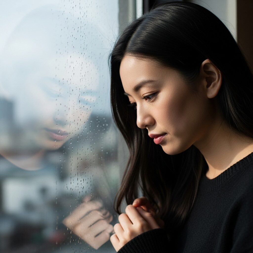 彼と別れて窓の外を見ながら悩んでいる30代女性の写真