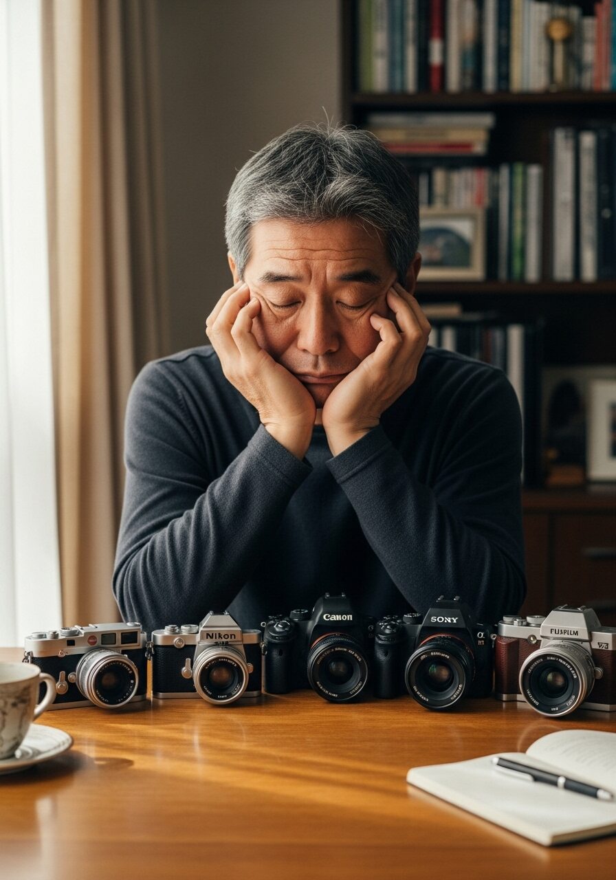 使わない5台のカメラを前にため息の50代の男性　日本人