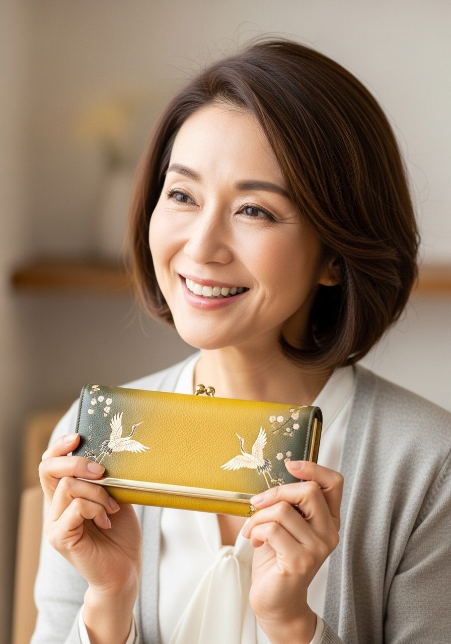 お財布用ふとんの効果を実感して喜ぶ女性