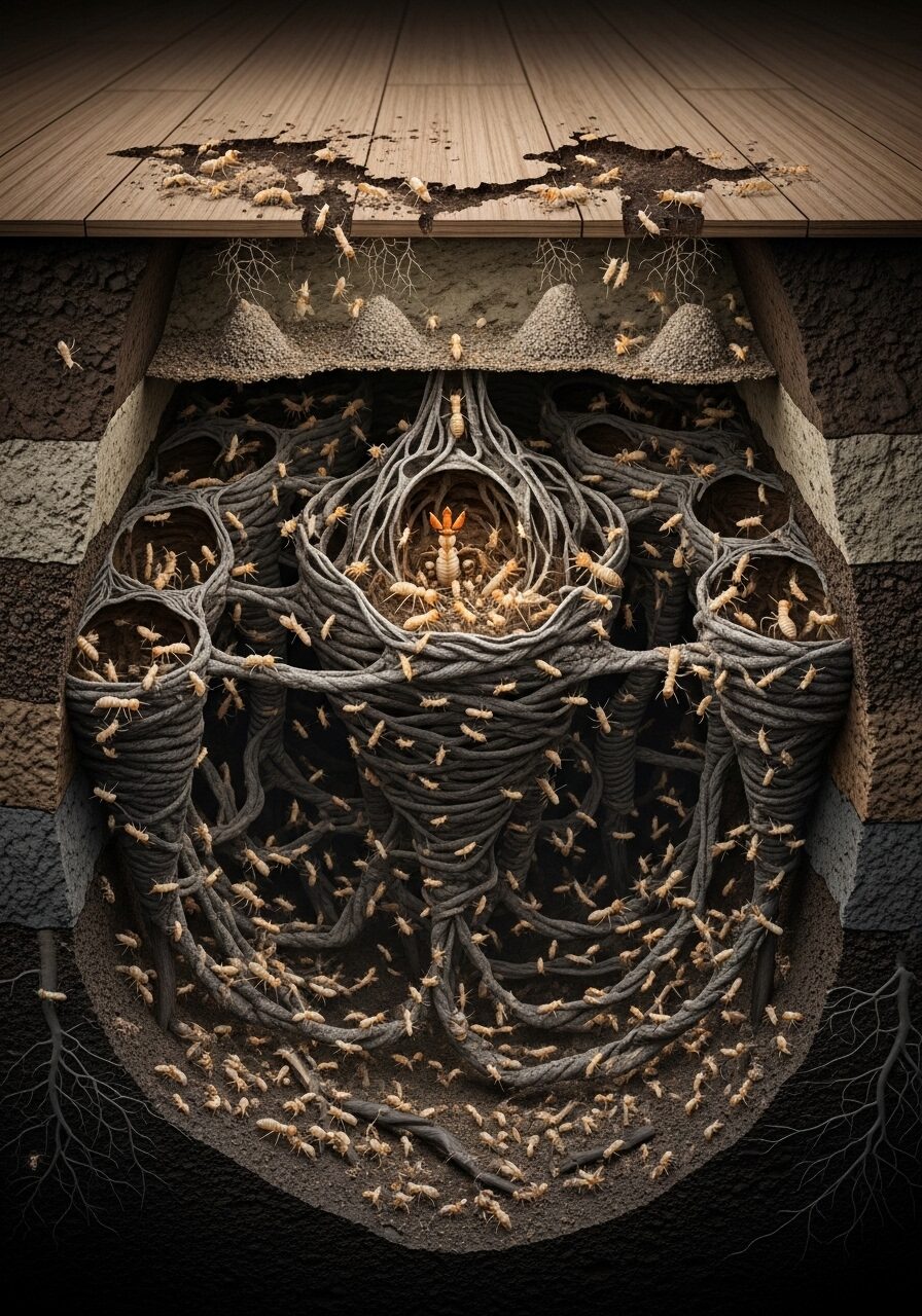 床下の木材に作られたシロアリの巣（蟻道）