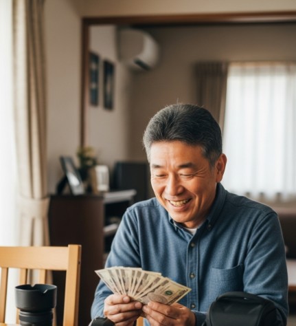 自宅でカメラが売れて現金を持って喜んでいる50代の男性　日本人