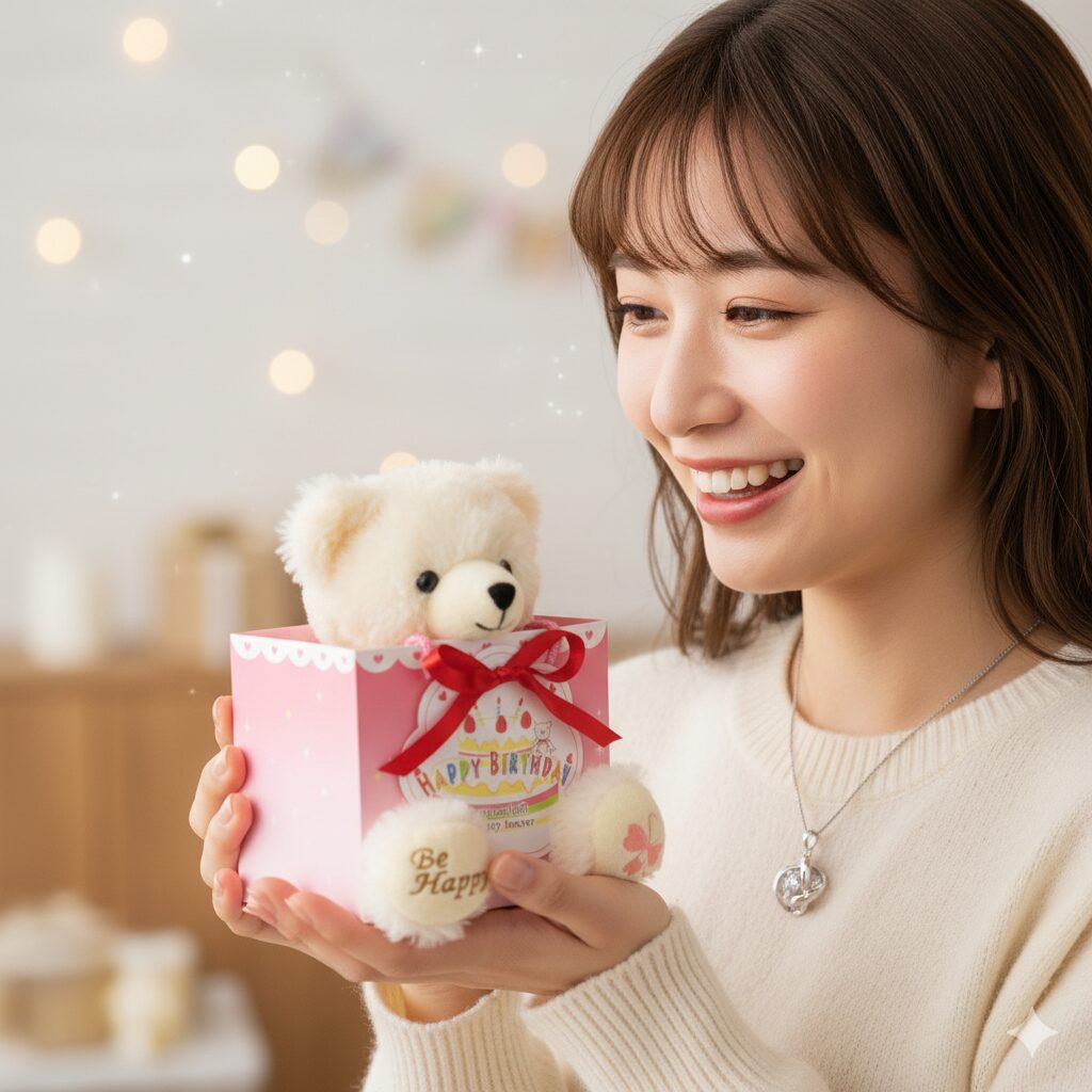 プレゼントにテディベアをもらってよろこんでいる20代女性 日本人