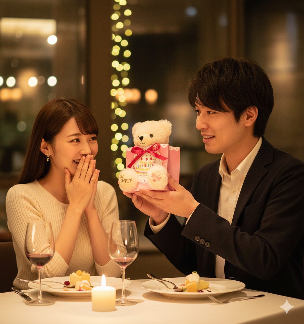 ディナーのあとで彼女に写真のプレゼントを渡す男性と女性 日本人