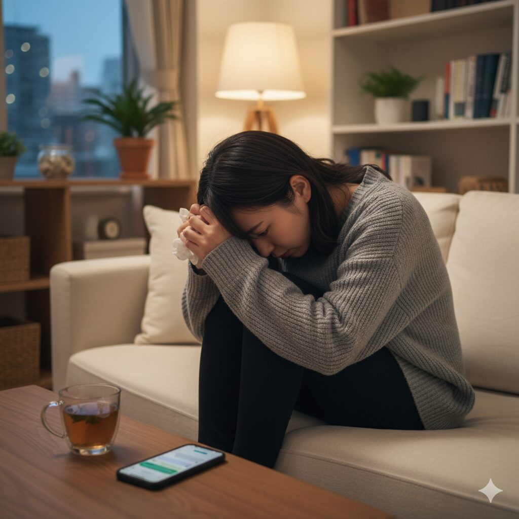 夜、スマホを見ながら悩む女性のイメージ（チャット占い）