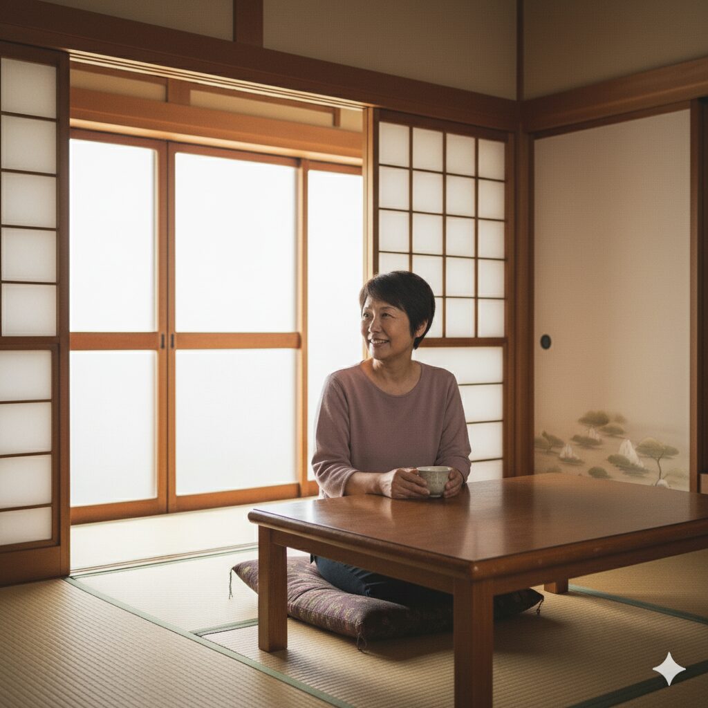 スッキリした押し入れを見て微笑むシニア女性