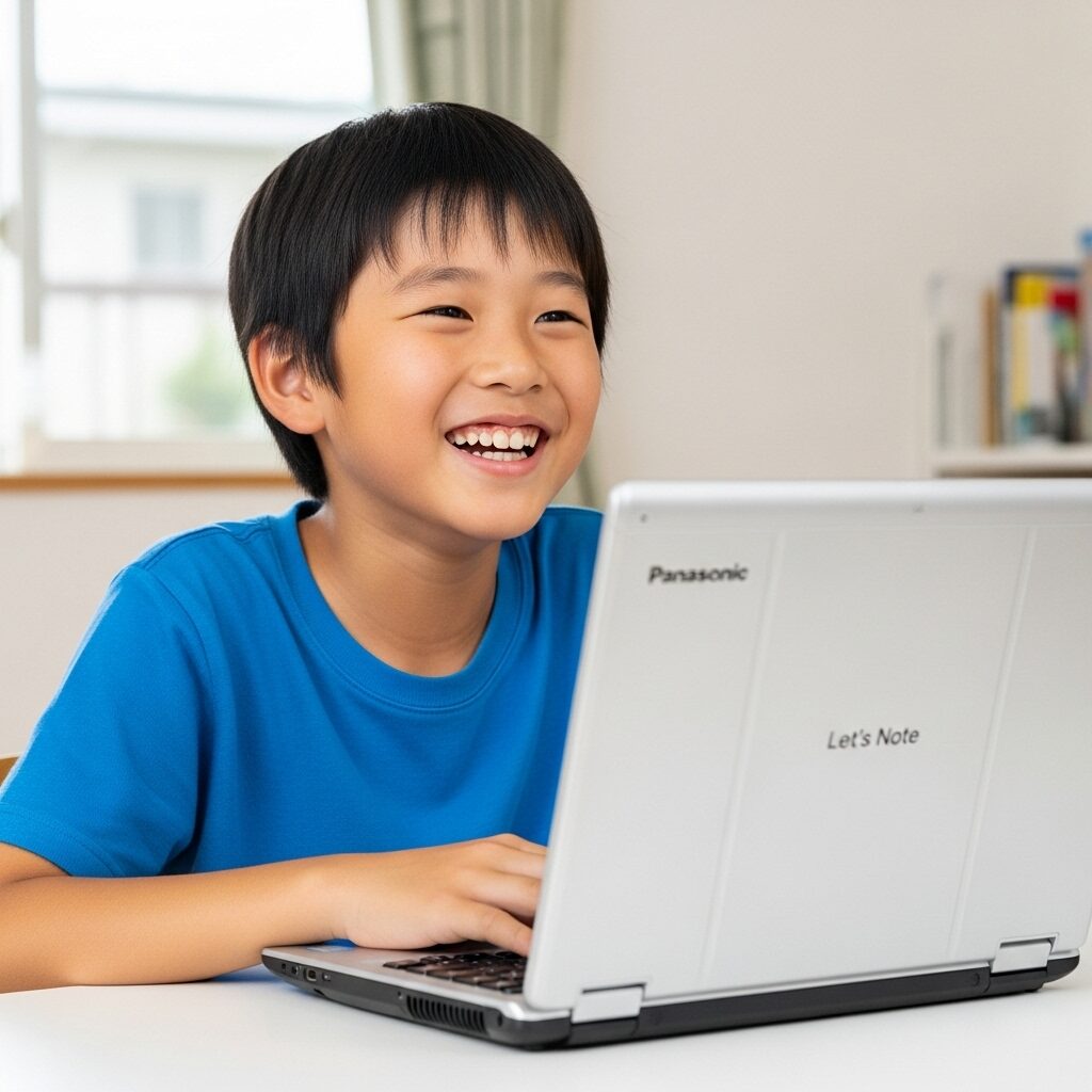 レッツノートで喜ぶ4年生の男の子　ノートの裏蓋にはデイスプレィは無いシルバー色日本人