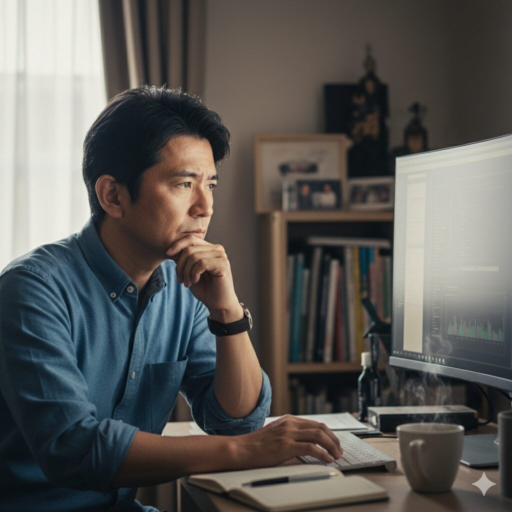 ノートパソコンを前に、将来の副業について考えている40代の日本人男性