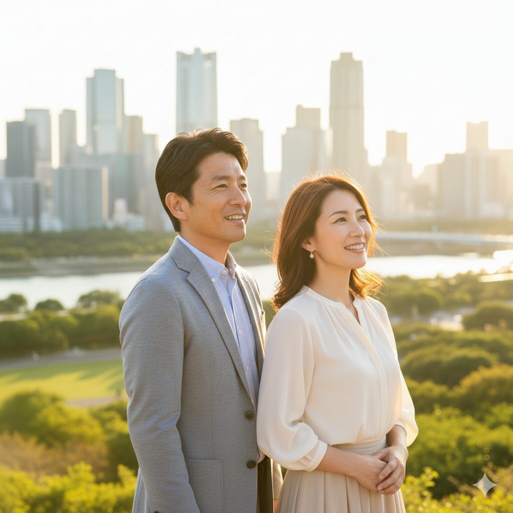 希望に満ちた表情で未来を見つめる40代の日本人男女