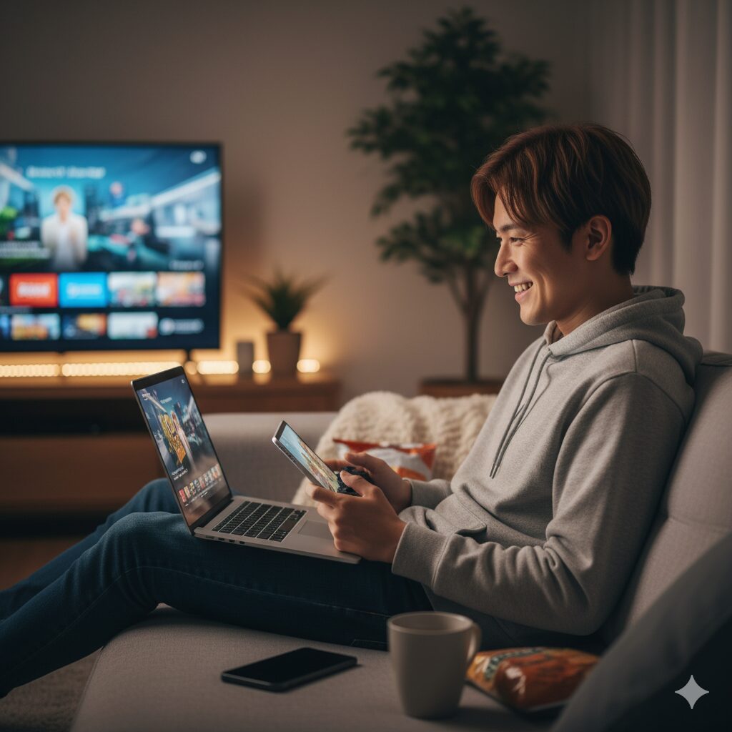 ソファでくつろぎながら、ノートPCやタブレットで楽しそうに動画を観たり、オンラインゲームをしている人物の写真　日本人