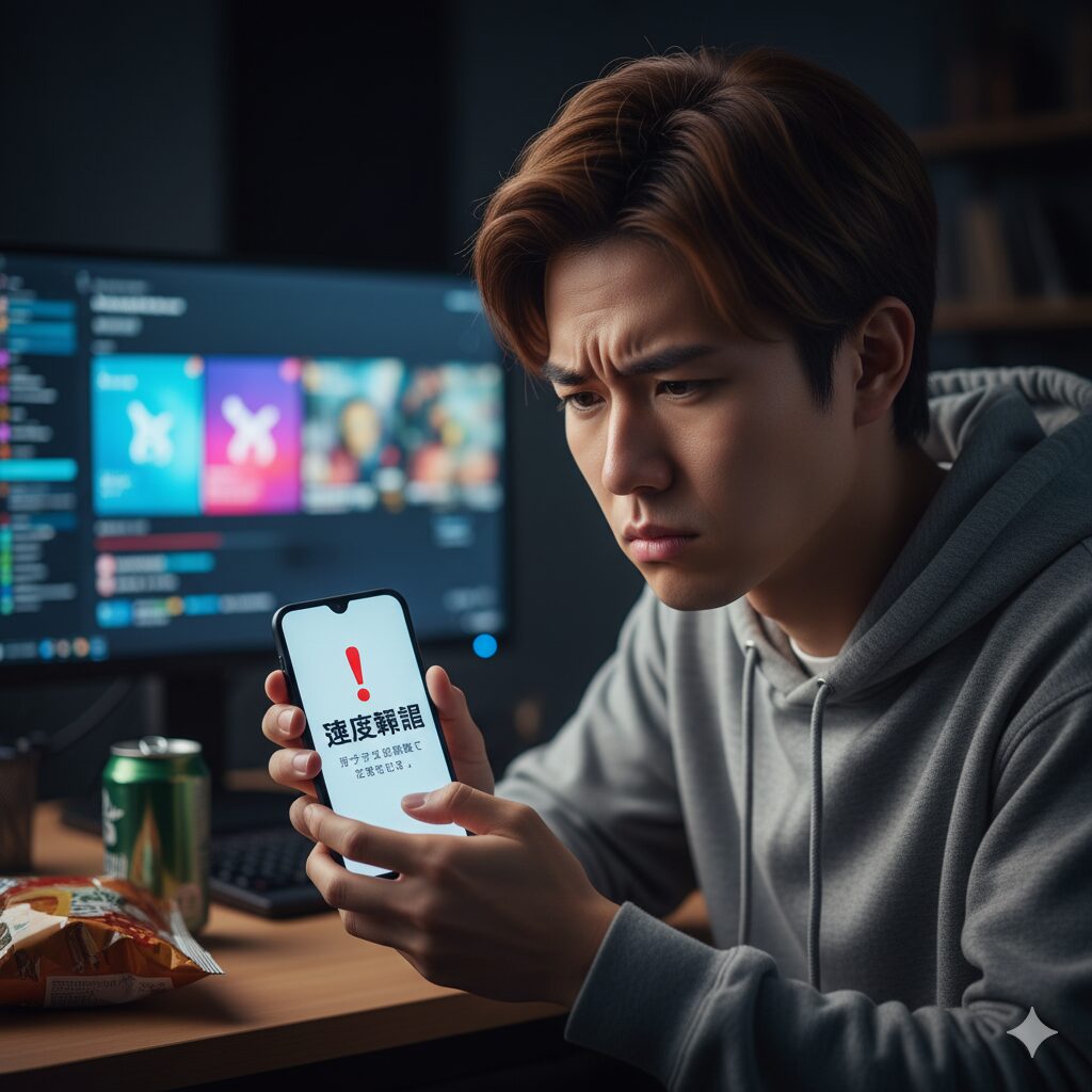 スマートフォンの画面に表示された「速度制限」の文字を見て、がっかりしている人物（男女問わず）のイラストをここに挿入してください。背景には動画やオンラインゲームの画面をぼかして入れると、より状況が伝わりやすくなります。