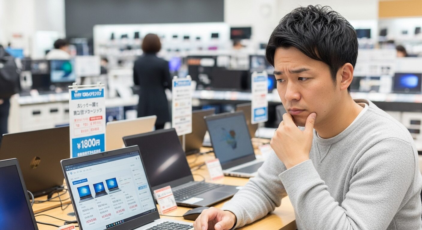 パソコン選びで悩む女性のイラスト