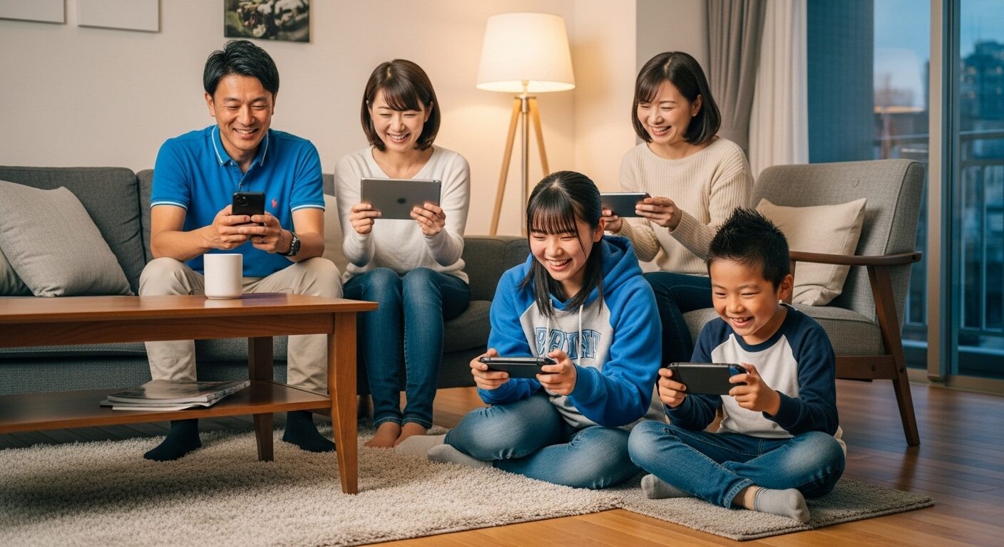 家族でNURO光を使いそれぞれ動画やゲームを楽しむ様子