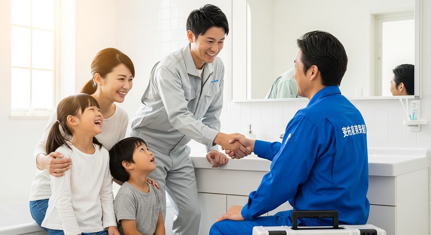 修理が完了し安堵する家族