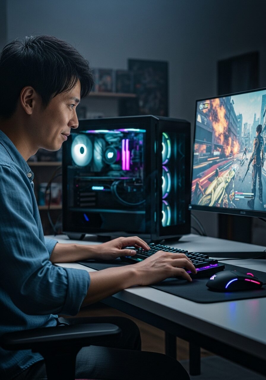 NURO光でFPSゲームをプレイして勝利するゲーマー