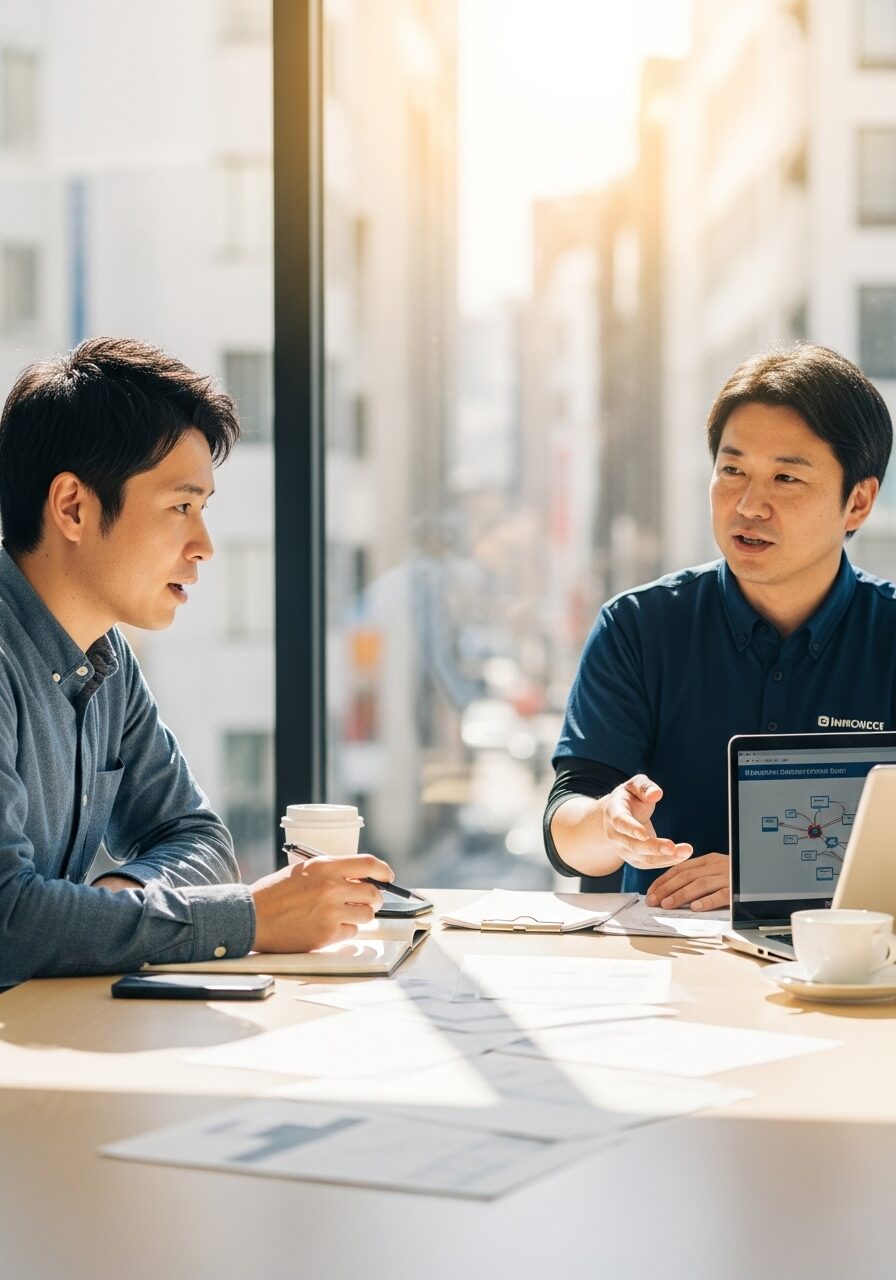 インターネット回線が引きたいと思って専門家に相談している男性の写真　日本人