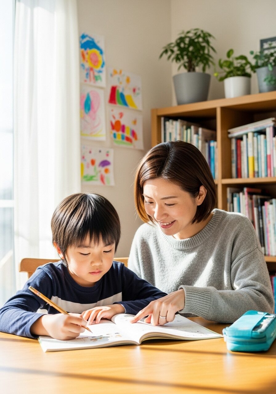 子供と自宅で一緒に勉強している母親　日本人