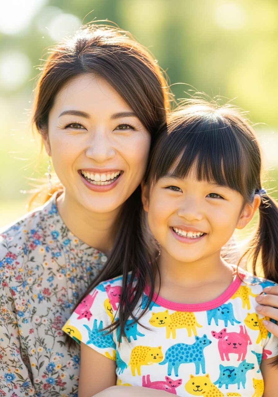 女の子と母親の笑顔　上半身　日本人
