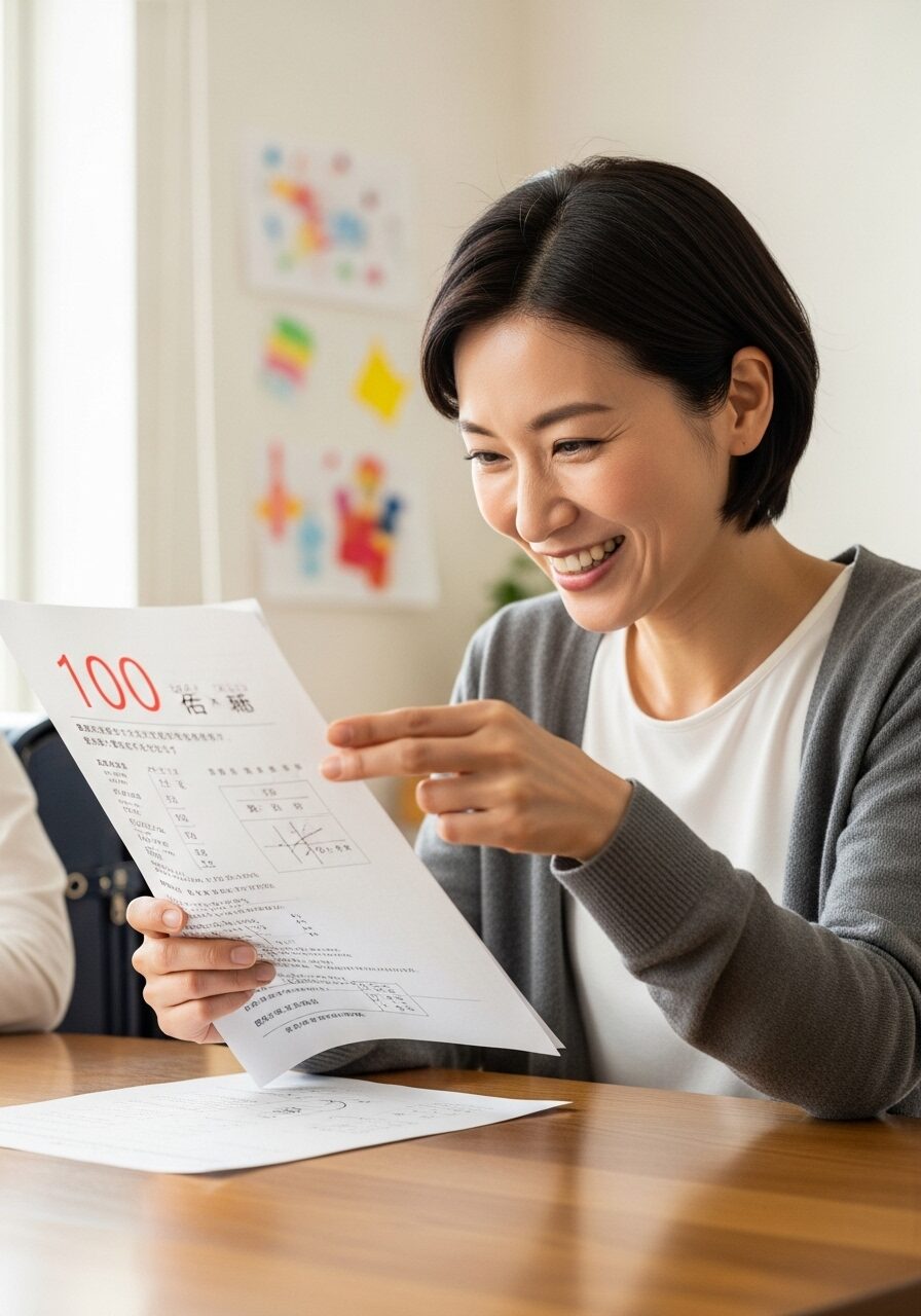 子供のテストを見て喜ぶ母親　日本人