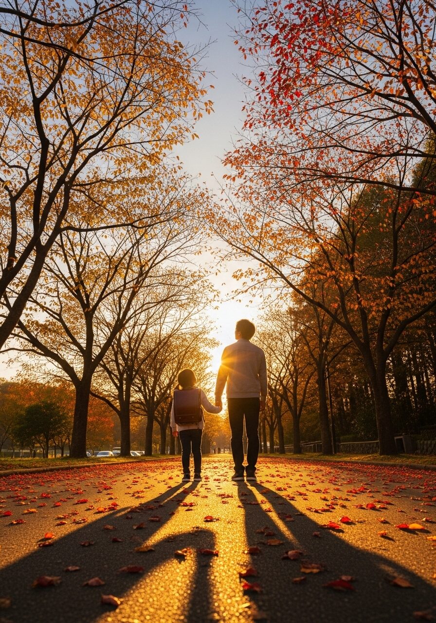 親子で上をむいて歩く後ろ姿　日本人