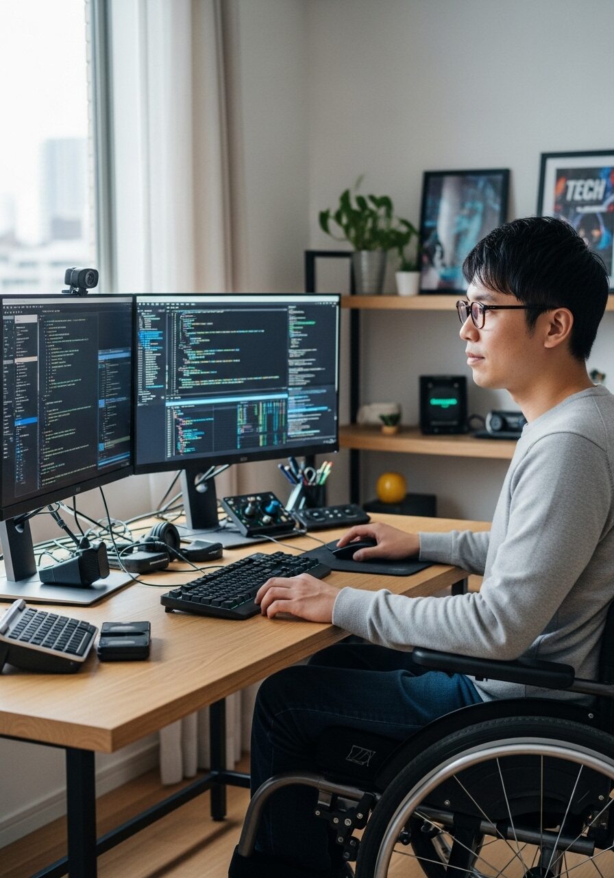 パソコンが得意な車いすの障碍者30代男性 日本人