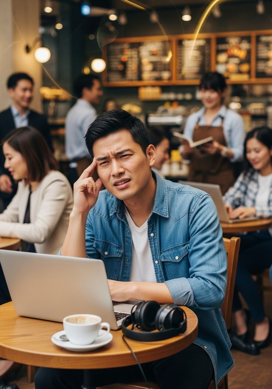 カフェでのWeb会議で声が聞こえづらく困っている男性
