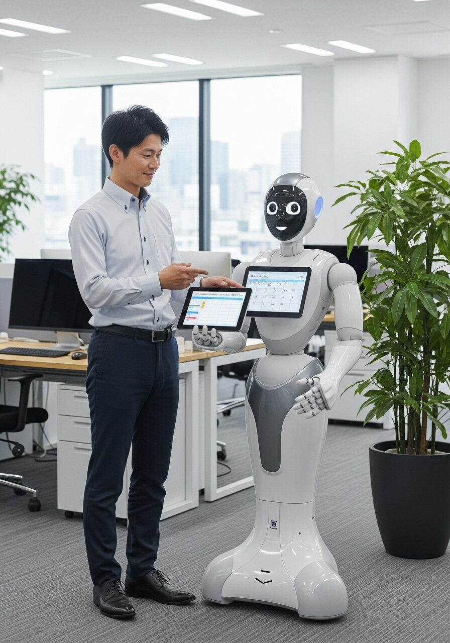 男性社員の横にいるロボット秘書の写真　日本人