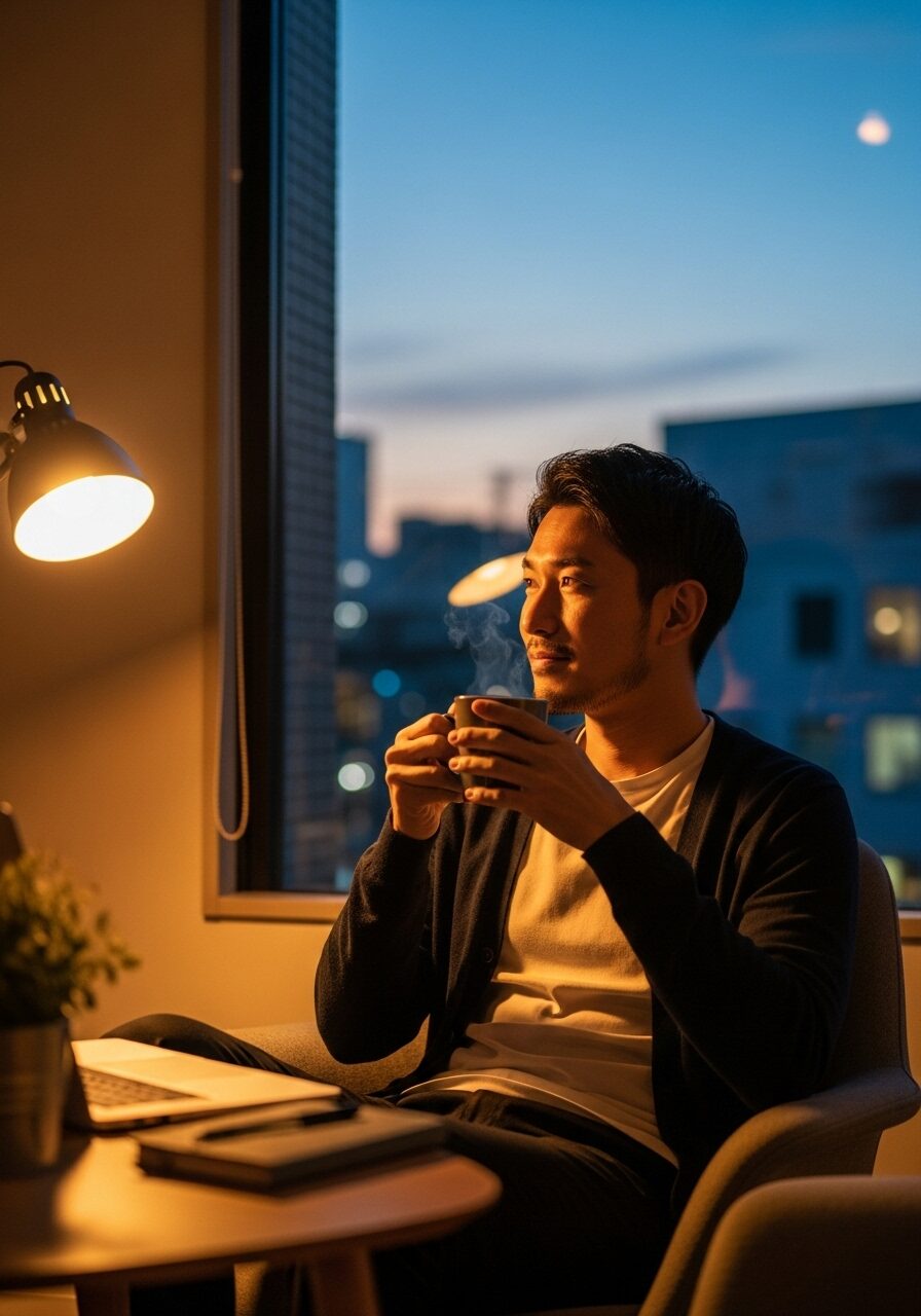 夕方ゆっくりコーヒーをのんでいる社員の写真　日本人