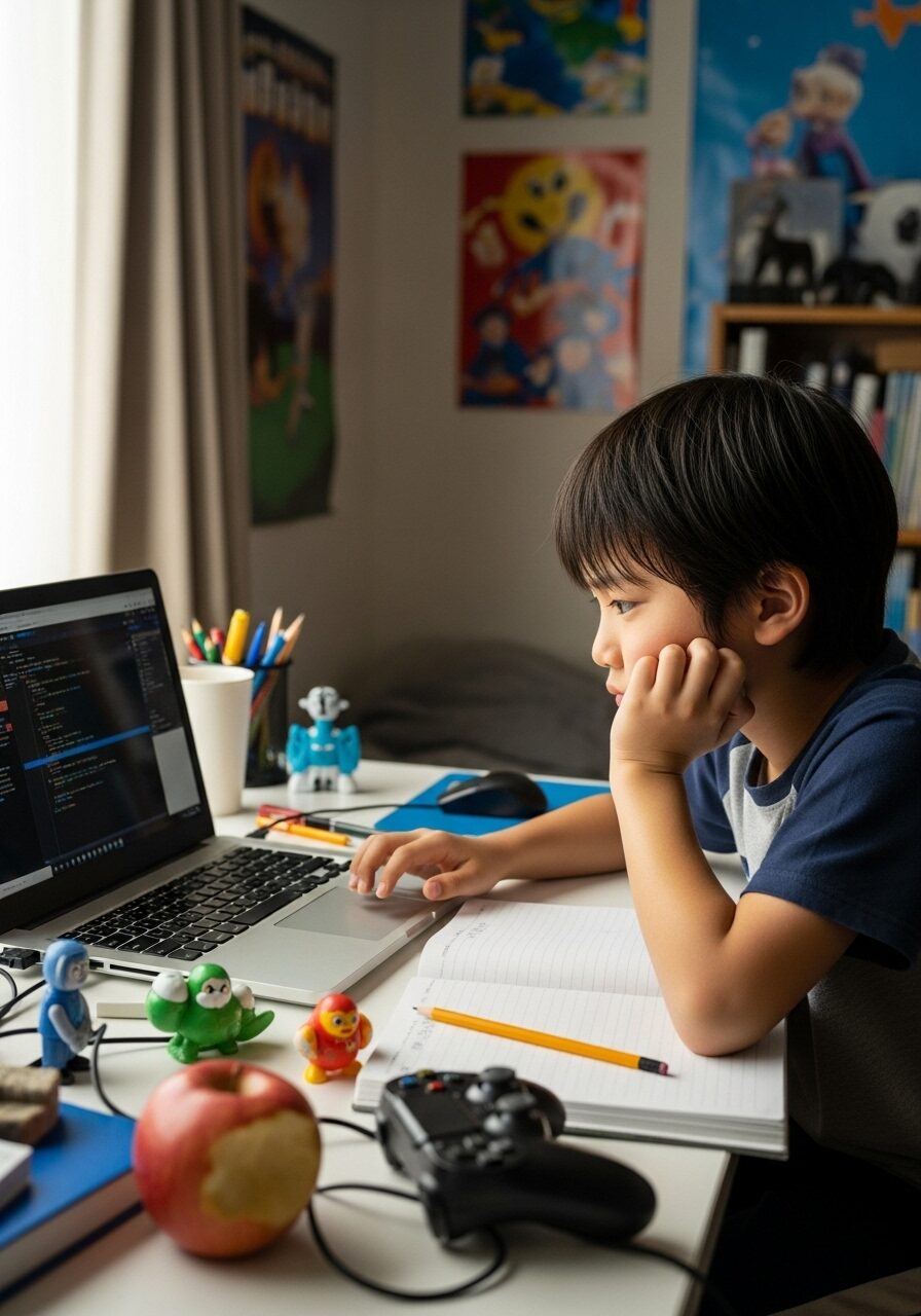 ゲームを作っていて悩む小学生の写真