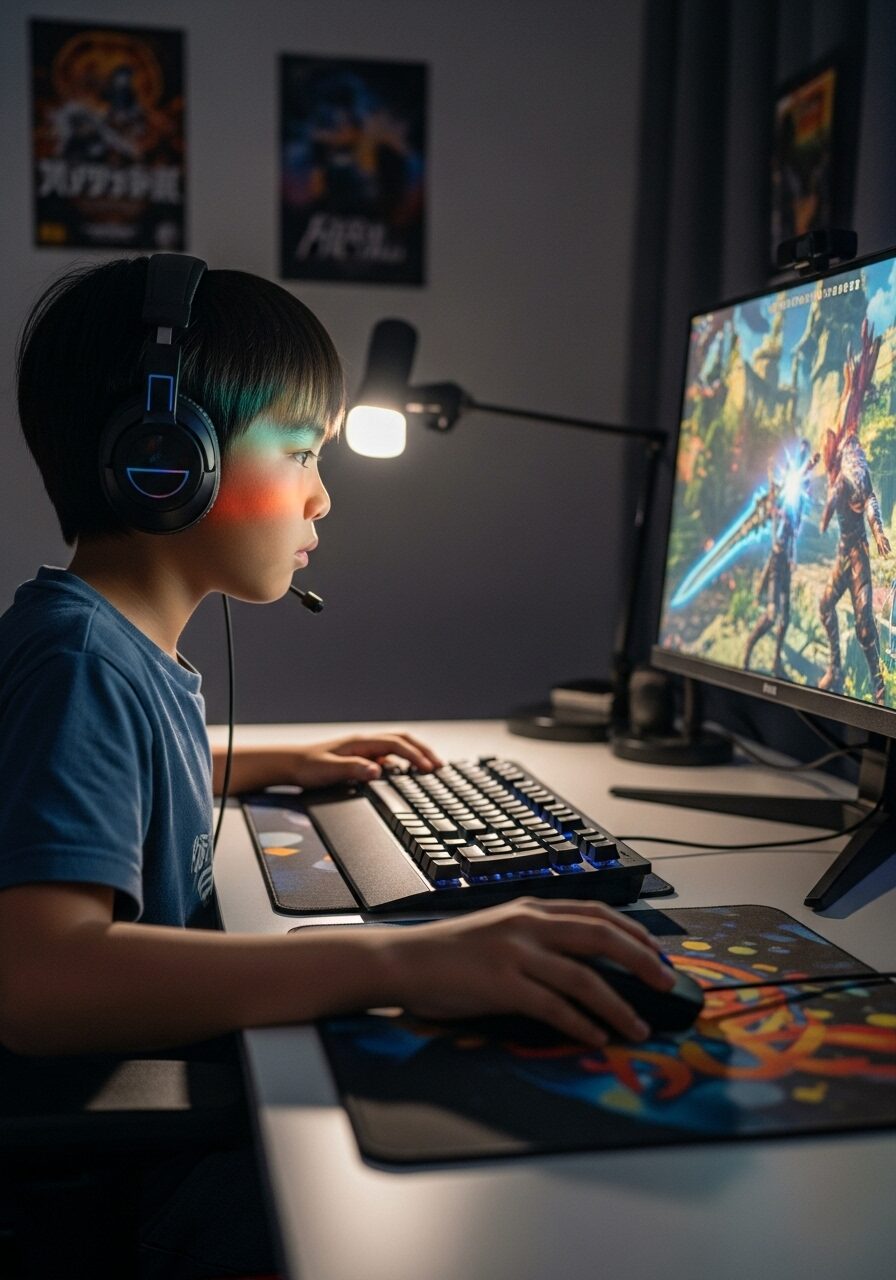 パソコンゲームをしている小学校5年の男の子