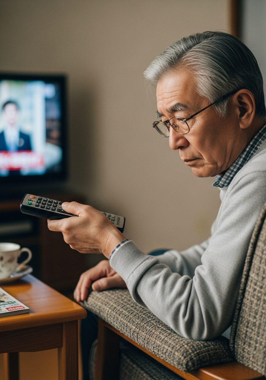 テレビの音量を上げる高齢者の写真