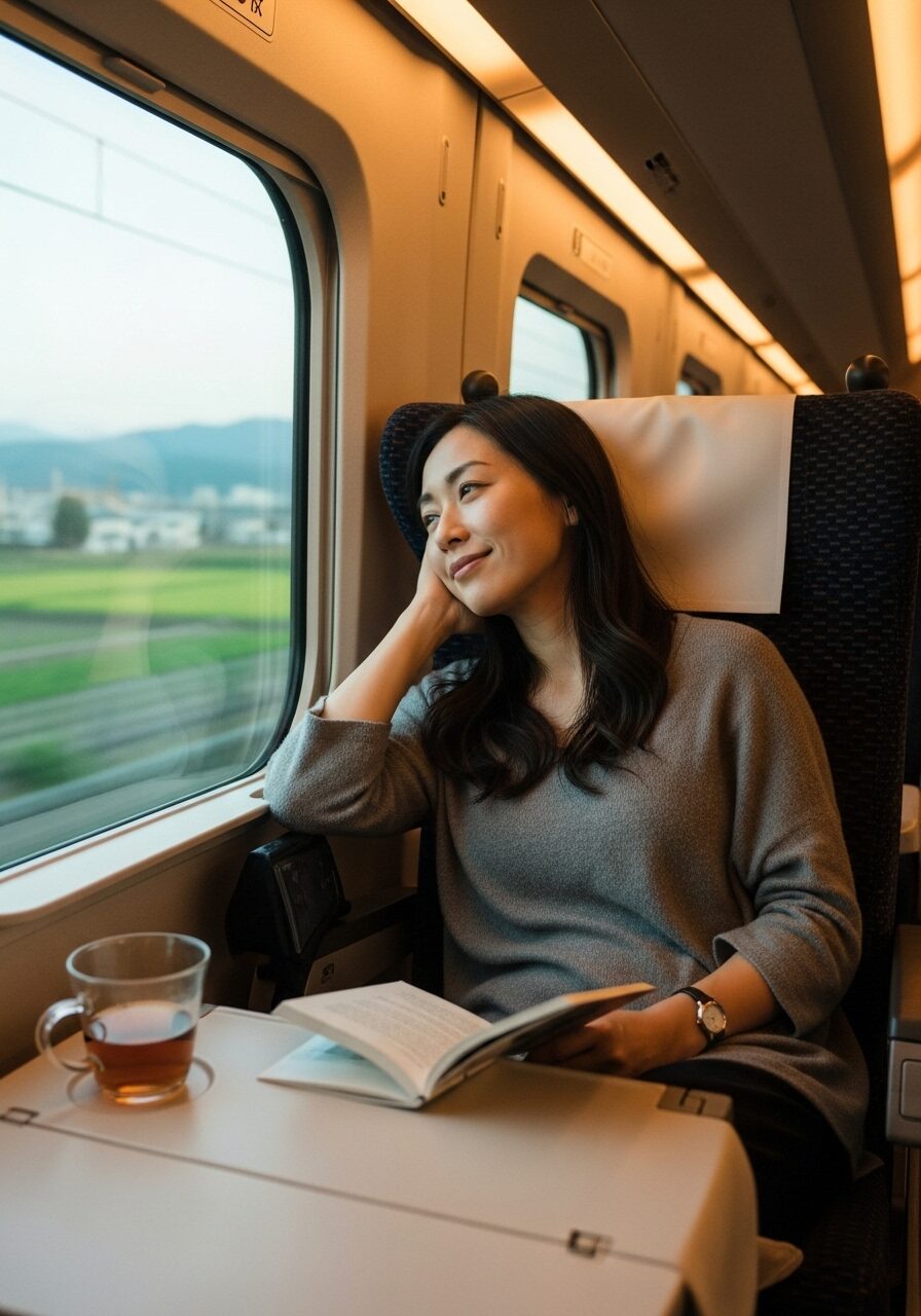 新幹線に乗ってリラックスしている30代女性