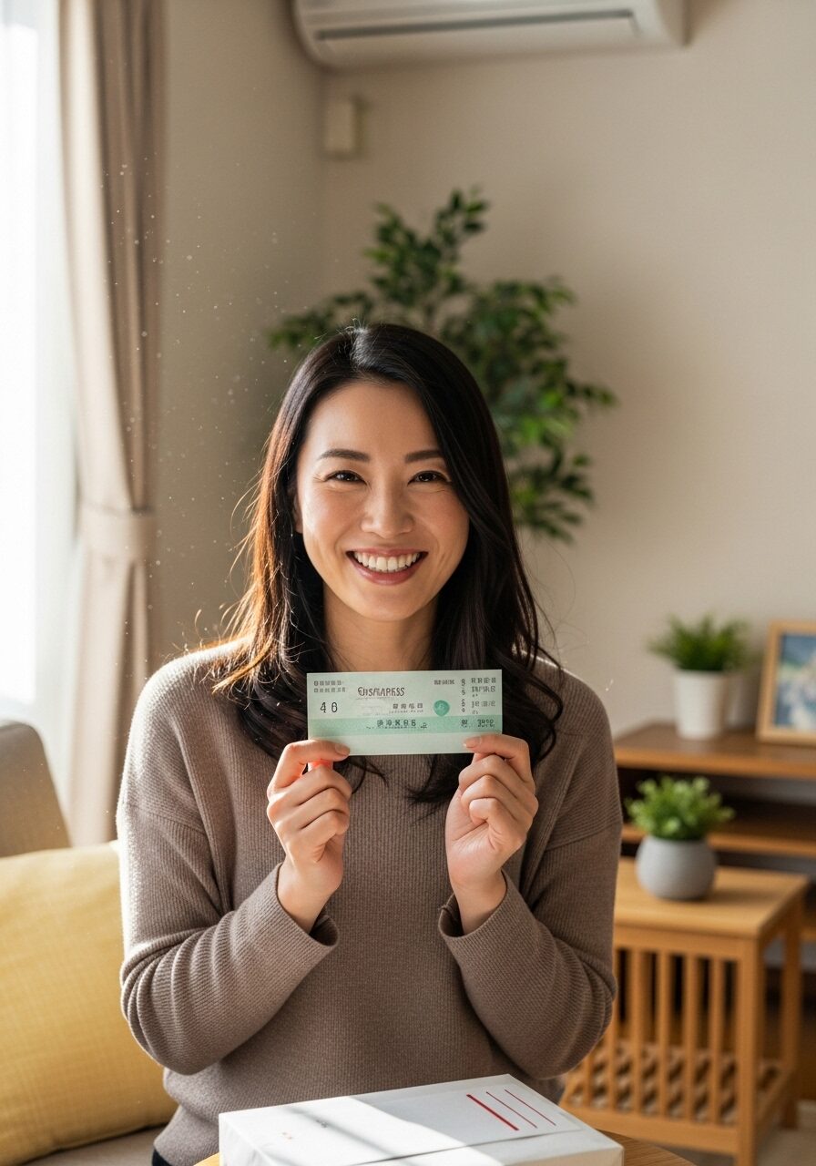 新幹線のチケットが自宅に届いて喜ぶ30代女性