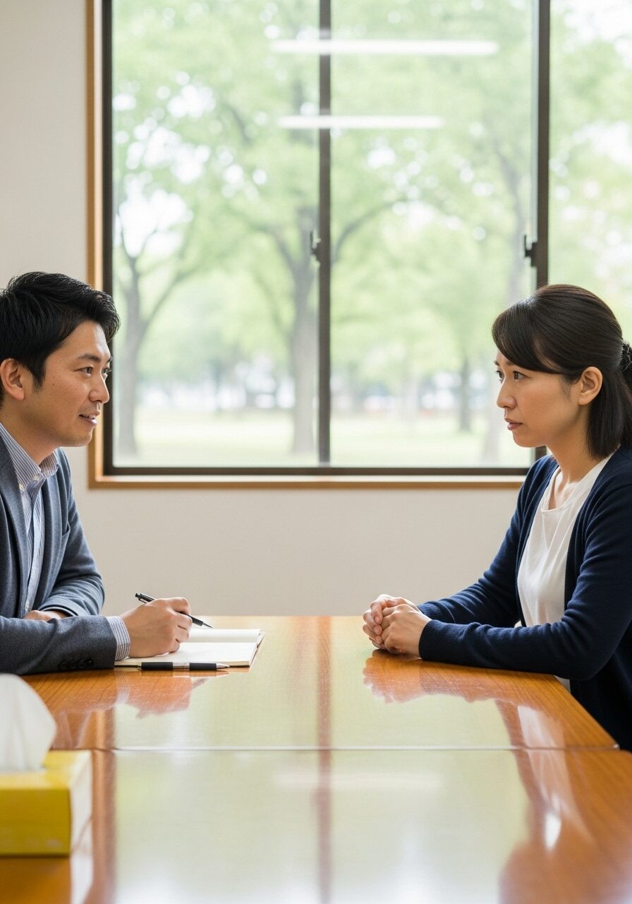 不登校の相談を受ける男性のカウンセラーと心配そうな40代のお母さん