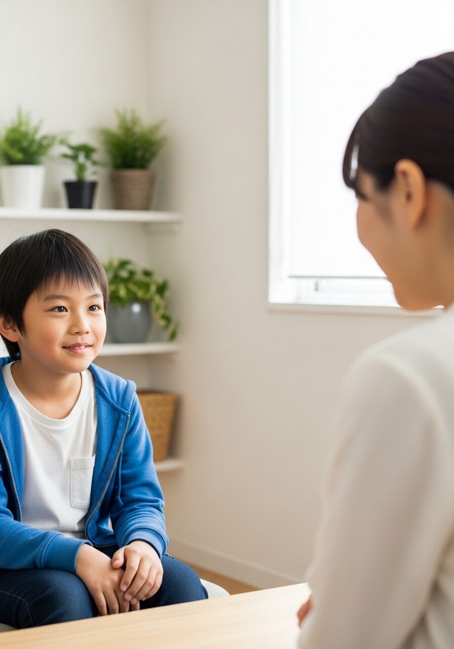 カウンセラー相談を受けて安心した小学生の男子　
