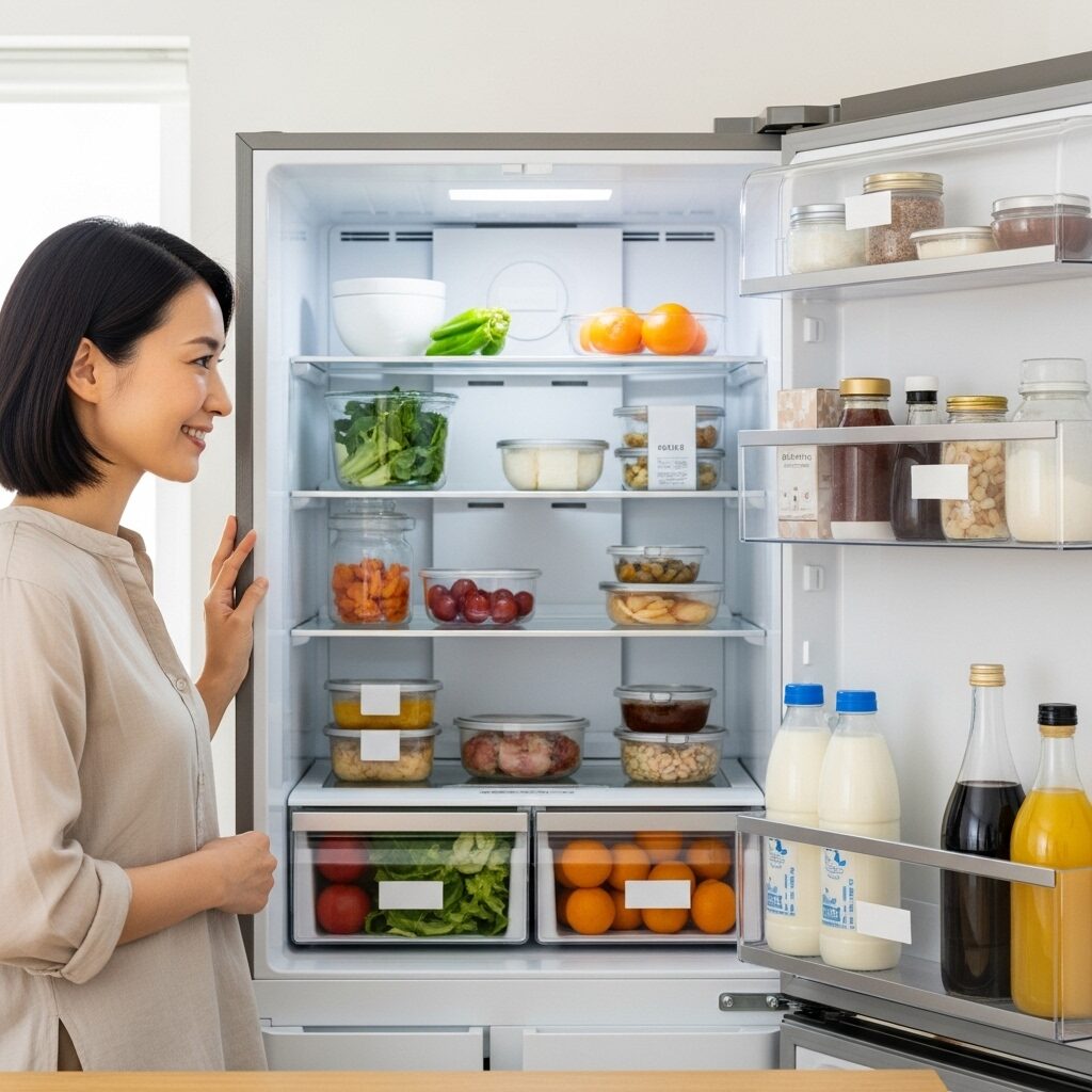 整理された冷凍庫に笑顔の40代主婦