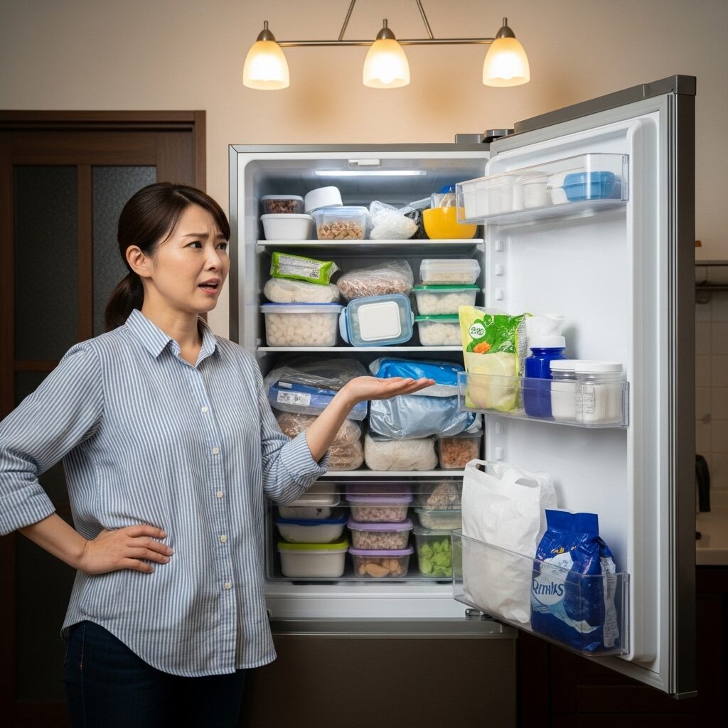 家庭の冷蔵庫の冷凍庫がパンパンで入らないとなやんでいる40代主婦