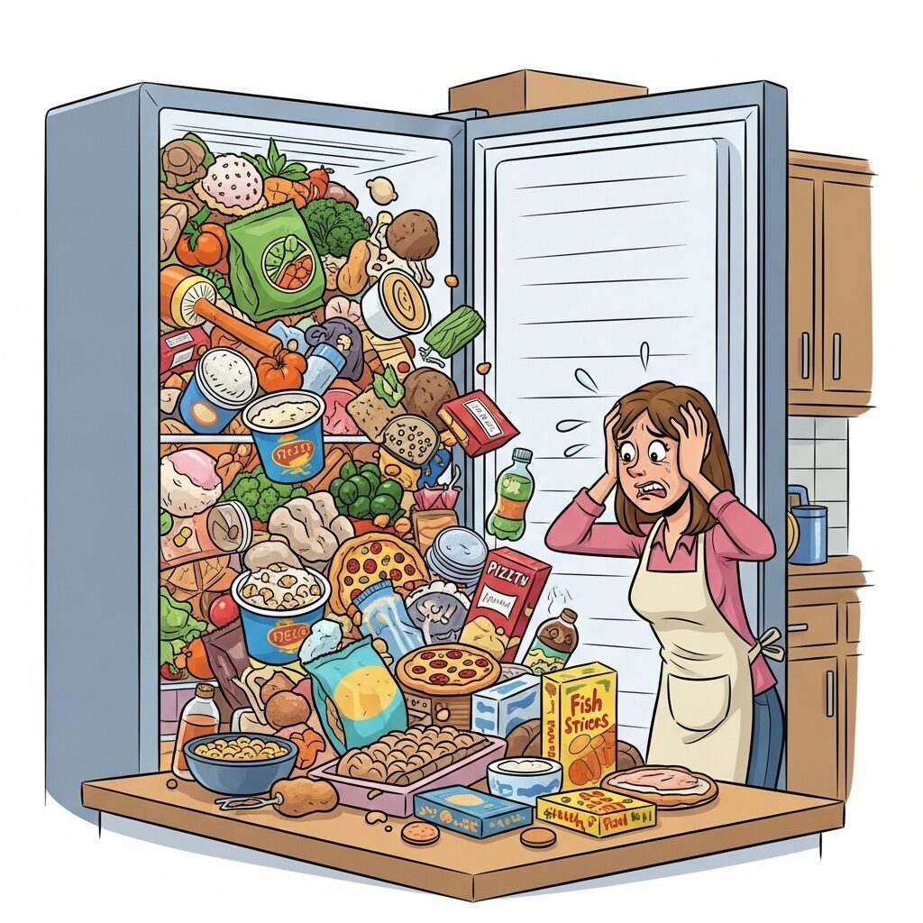 冷凍庫から食材が雪崩のように落ちてきて、女性が頭を抱えているコミカルなイラスト