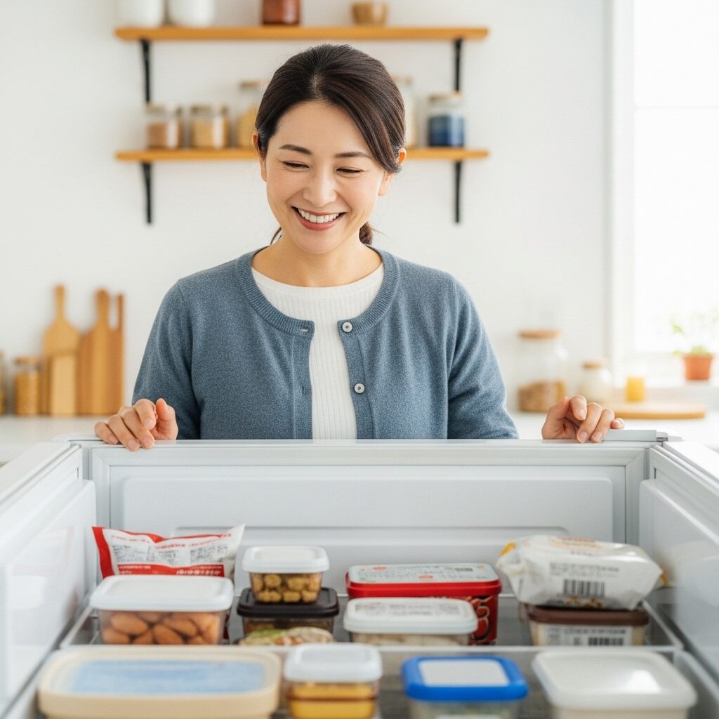 冷凍庫と一緒に笑顔の40代主婦の写真 日本人