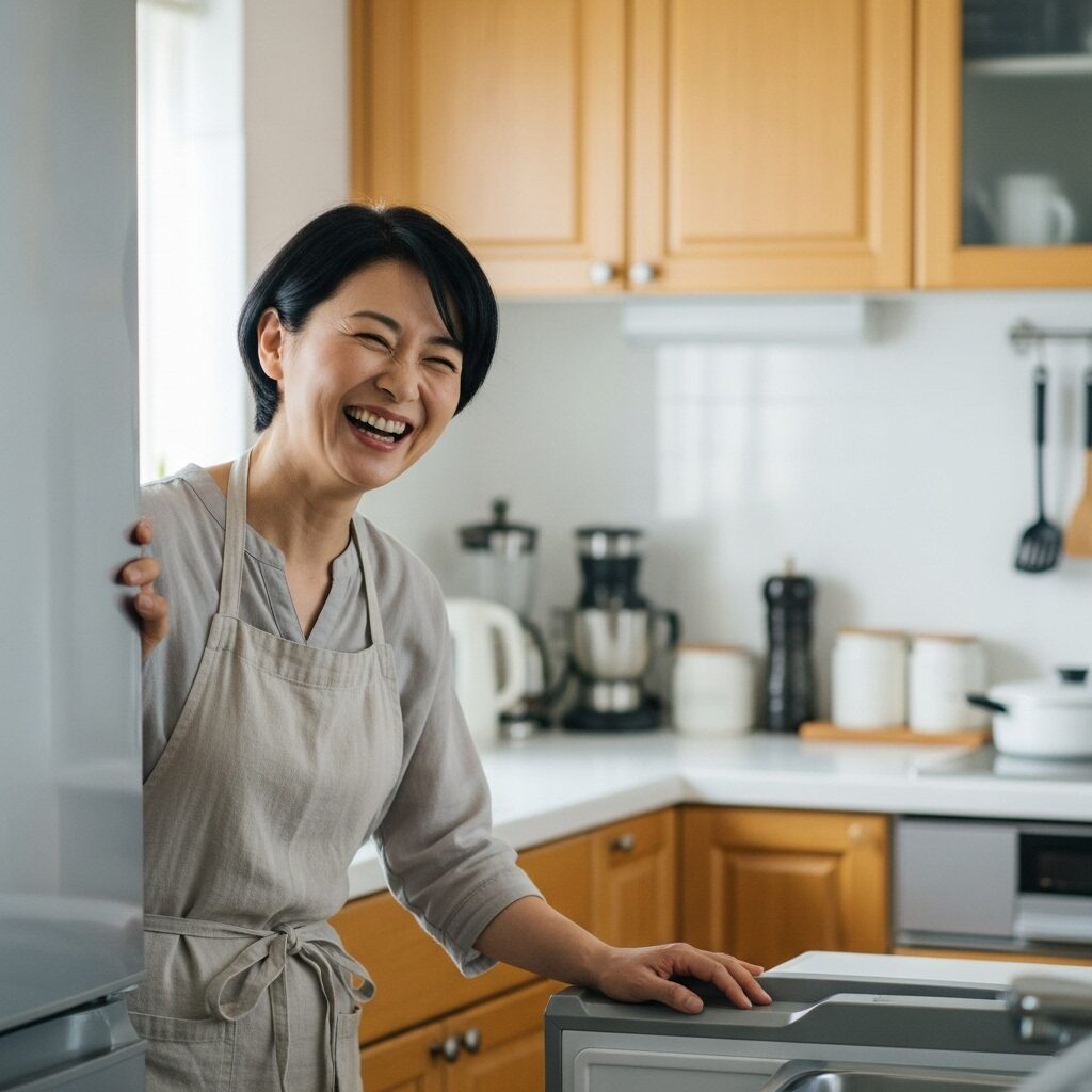 キッチンに置いてある冷凍庫と一緒に笑っている40代の主婦 日本人