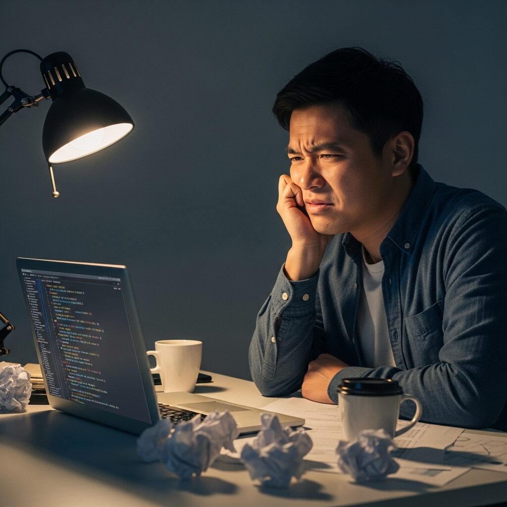 パソコンで悩む30代男性 日本人 