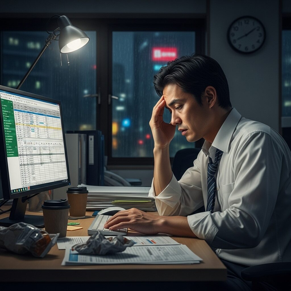 残業で疲弊する30代男性, Excel作業の悩み, 日本人ビジネスマン