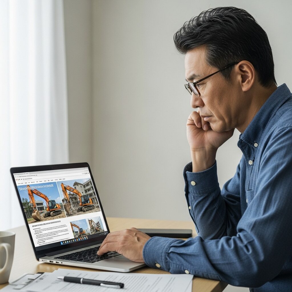 パソコンをみながら解体工事の依頼で悩む50代男性　日本人