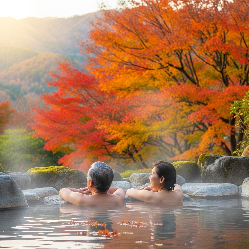 露天風呂で美しい紅葉を眺め、ながらリラックスしている60代の夫婦　写真　日本人