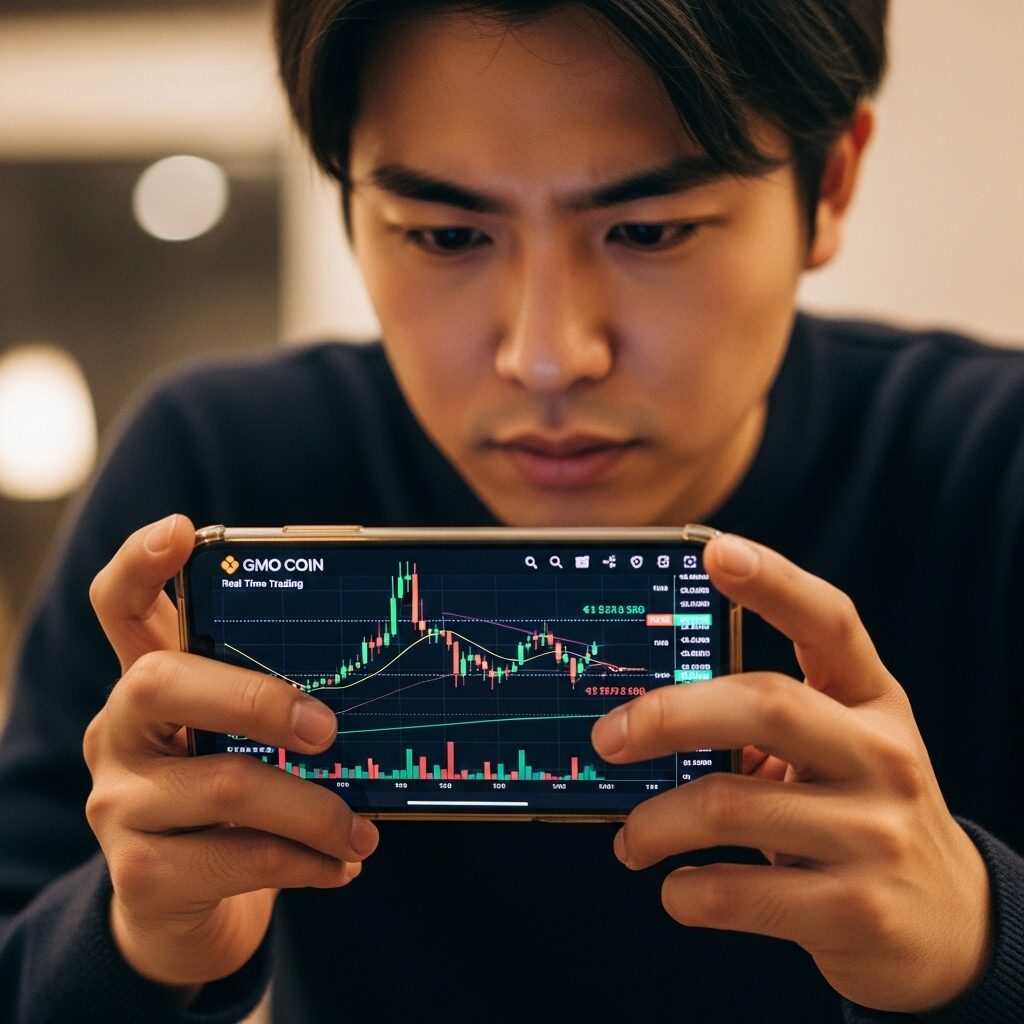 スマートフォンでGMOコインのチャートを見る主婦