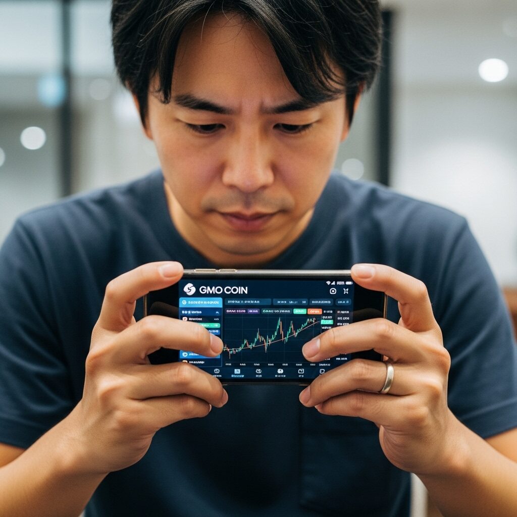 スマホでGMOコインのアプリを操作する主婦