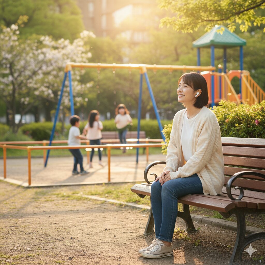 公園のベンチでイヤホンをしながら子供を見守る母親