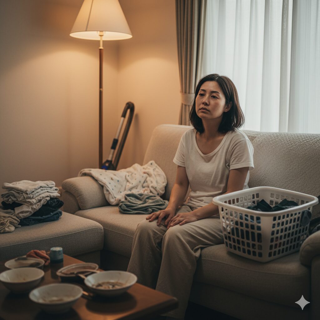 ソファで疲れ果ててスマホを見る女性